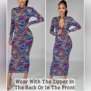 JEWEL TONE SNAKESKIN PRINT BODYCON DRESS